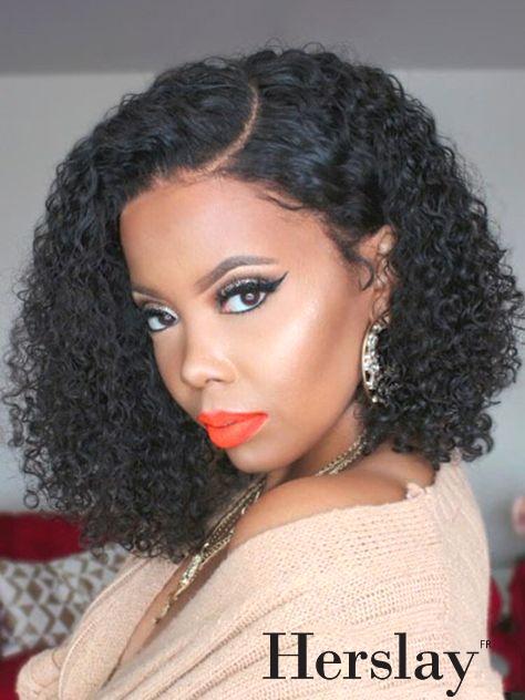 Perruque Brésilienne Courte Noire Lace Front - Cheveux Humains, Raie En C, Taille Moyenne, Neuve
